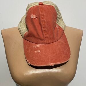 Women's Adjustable Strapback Distressed Mesh Ponytail Coral Trucker Hat